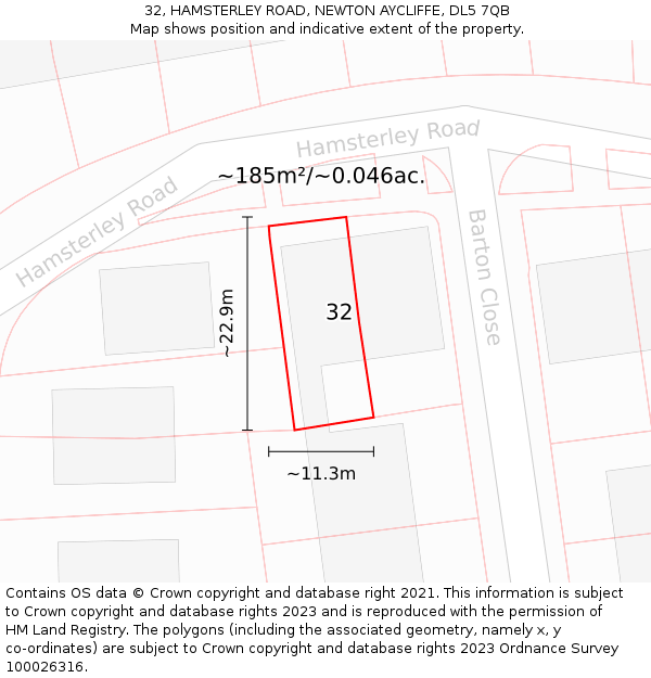 32, HAMSTERLEY ROAD, NEWTON AYCLIFFE, DL5 7QB: Plot and title map