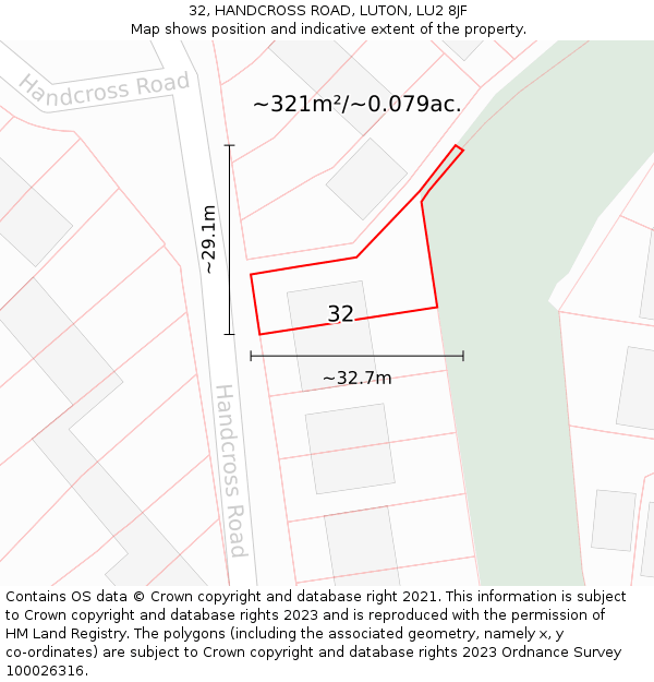 32, HANDCROSS ROAD, LUTON, LU2 8JF: Plot and title map