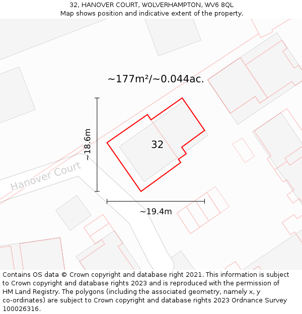32, HANOVER COURT, WOLVERHAMPTON, WV6 8QL: Plot and title map