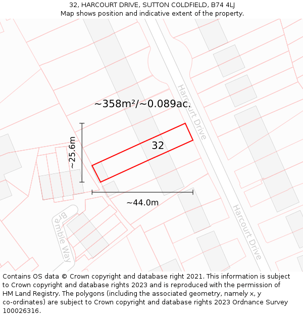 32, HARCOURT DRIVE, SUTTON COLDFIELD, B74 4LJ: Plot and title map