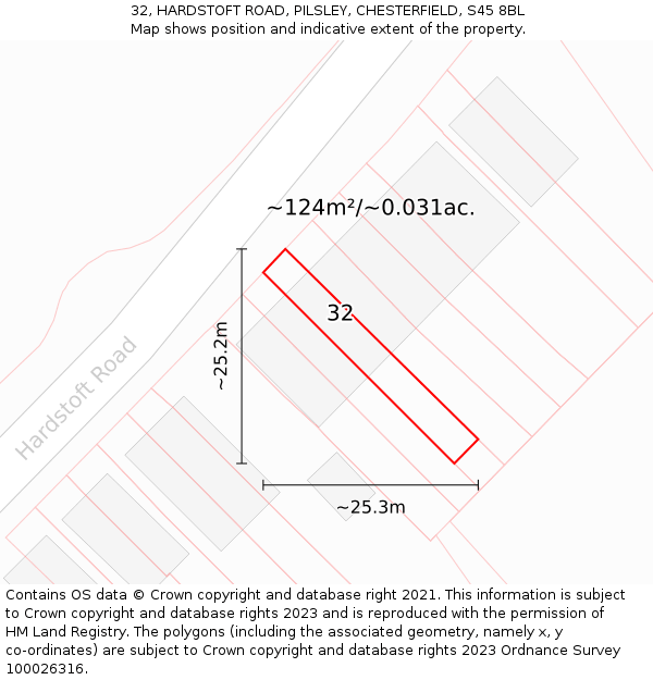 32, HARDSTOFT ROAD, PILSLEY, CHESTERFIELD, S45 8BL: Plot and title map