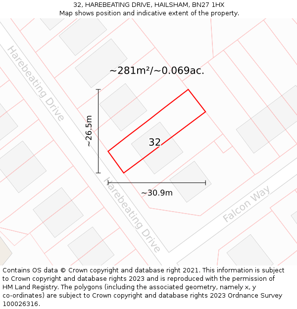 32, HAREBEATING DRIVE, HAILSHAM, BN27 1HX: Plot and title map