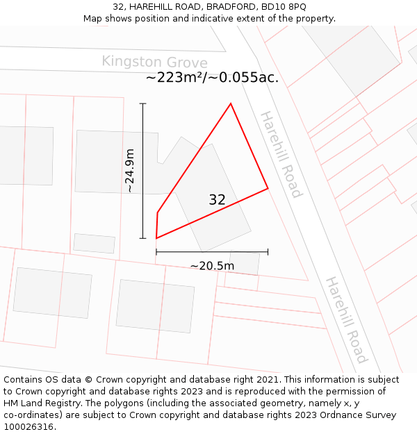 32, HAREHILL ROAD, BRADFORD, BD10 8PQ: Plot and title map