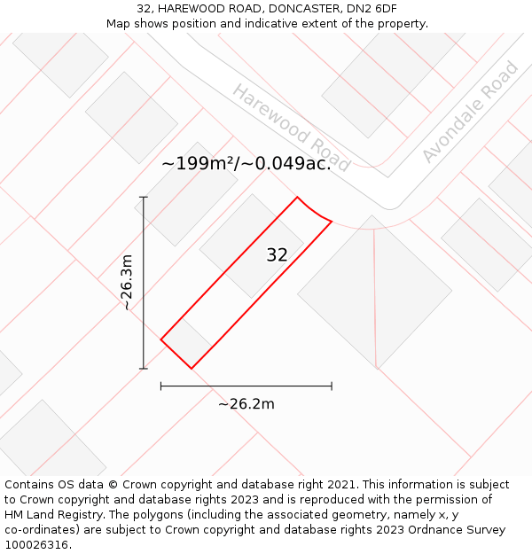 32, HAREWOOD ROAD, DONCASTER, DN2 6DF: Plot and title map