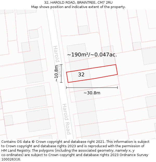 32, HAROLD ROAD, BRAINTREE, CM7 2RU: Plot and title map