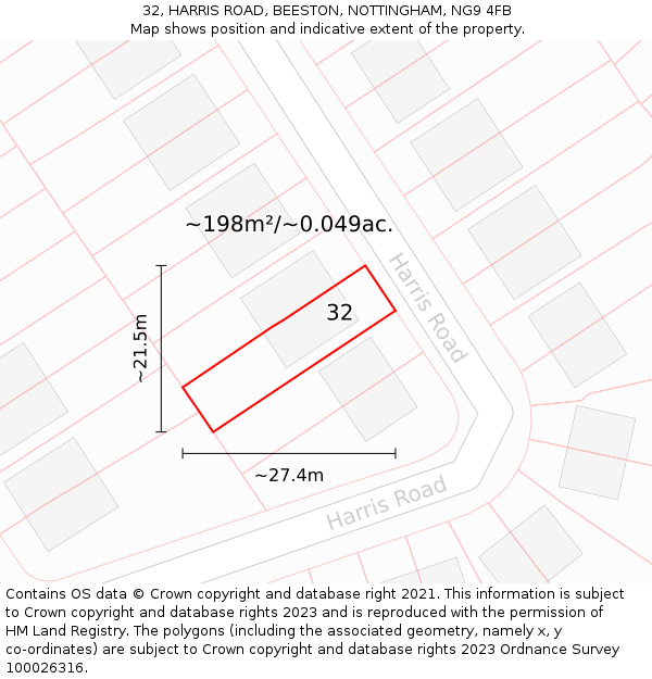 32, HARRIS ROAD, BEESTON, NOTTINGHAM, NG9 4FB: Plot and title map