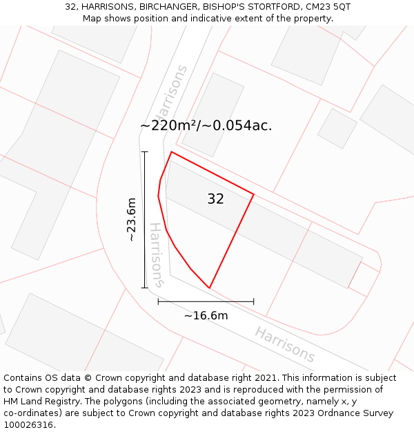 32, HARRISONS, BIRCHANGER, BISHOP'S STORTFORD, CM23 5QT: Plot and title map