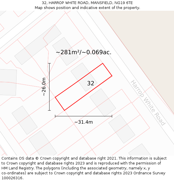 32, HARROP WHITE ROAD, MANSFIELD, NG19 6TE: Plot and title map