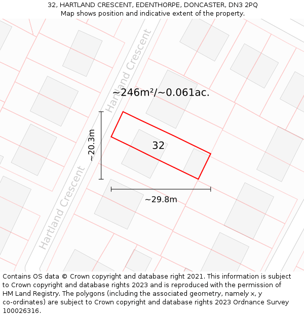 32, HARTLAND CRESCENT, EDENTHORPE, DONCASTER, DN3 2PQ: Plot and title map
