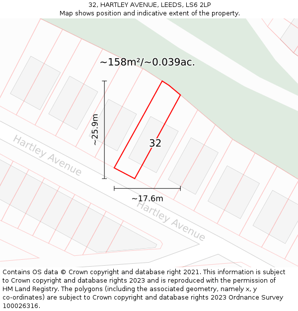 32, HARTLEY AVENUE, LEEDS, LS6 2LP: Plot and title map