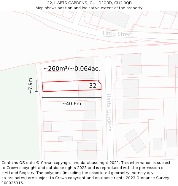 32, HARTS GARDENS, GUILDFORD, GU2 9QB: Plot and title map