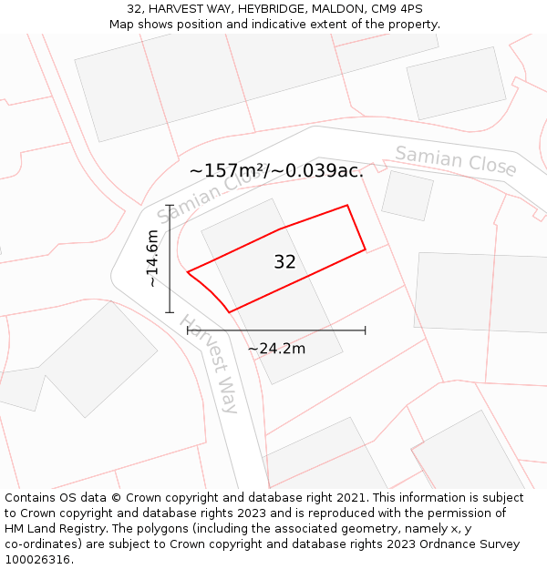 32, HARVEST WAY, HEYBRIDGE, MALDON, CM9 4PS: Plot and title map