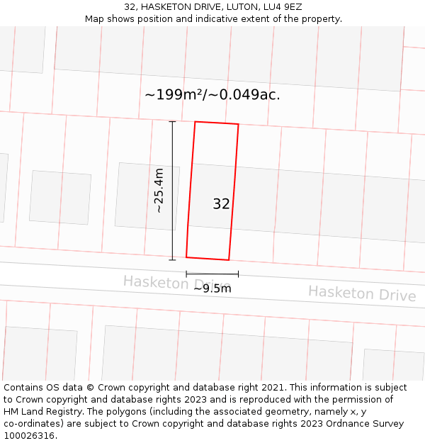 32, HASKETON DRIVE, LUTON, LU4 9EZ: Plot and title map