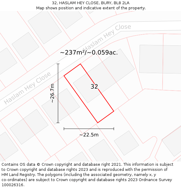 32, HASLAM HEY CLOSE, BURY, BL8 2LA: Plot and title map