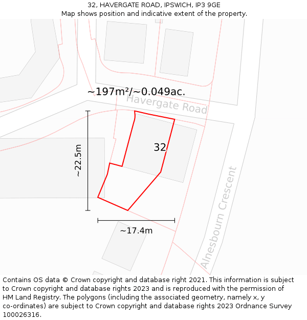32, HAVERGATE ROAD, IPSWICH, IP3 9GE: Plot and title map