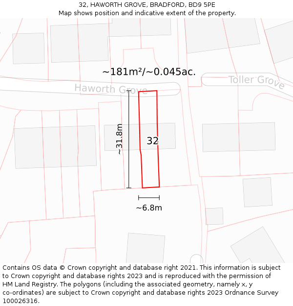 32, HAWORTH GROVE, BRADFORD, BD9 5PE: Plot and title map