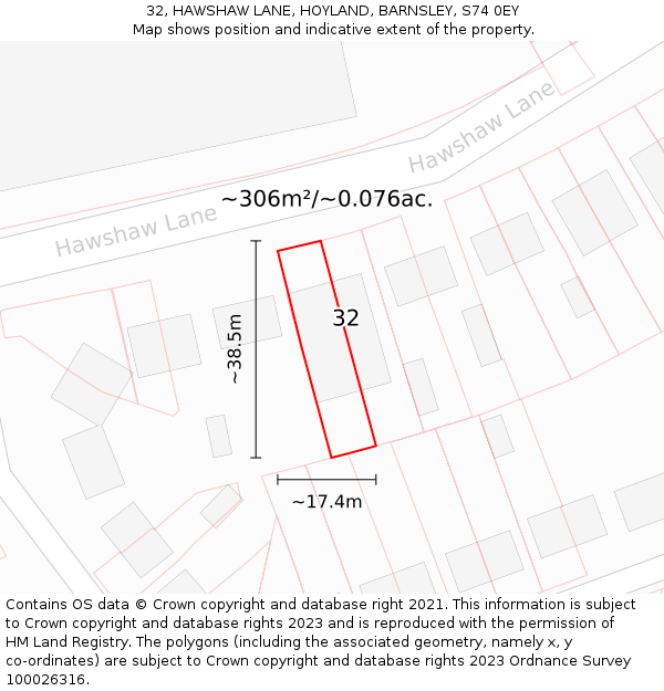 32, HAWSHAW LANE, HOYLAND, BARNSLEY, S74 0EY: Plot and title map