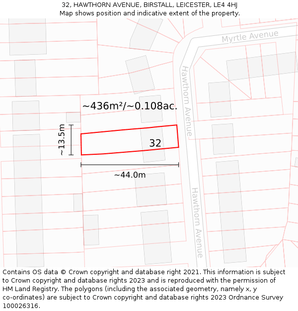32, HAWTHORN AVENUE, BIRSTALL, LEICESTER, LE4 4HJ: Plot and title map