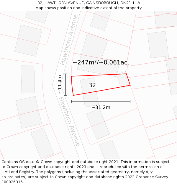 32, HAWTHORN AVENUE, GAINSBOROUGH, DN21 1HA: Plot and title map