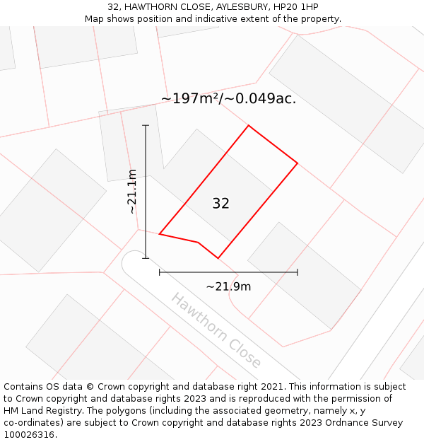 32, HAWTHORN CLOSE, AYLESBURY, HP20 1HP: Plot and title map