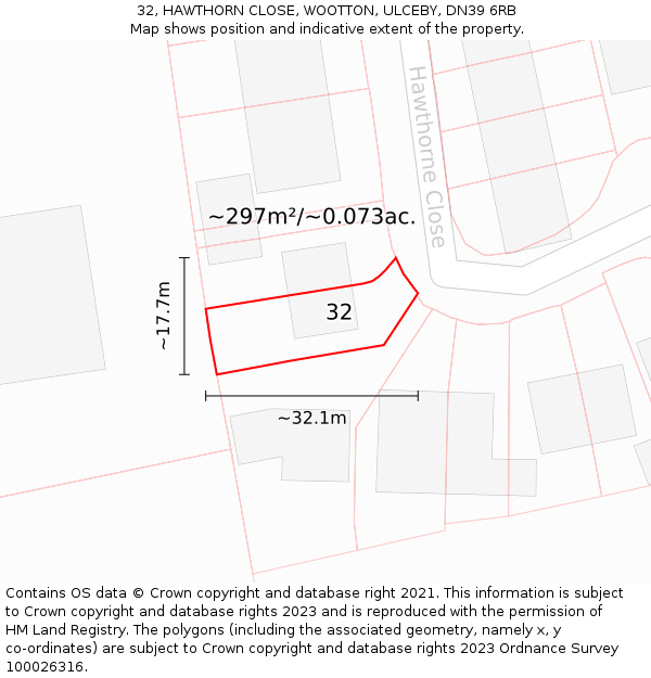 32, HAWTHORN CLOSE, WOOTTON, ULCEBY, DN39 6RB: Plot and title map