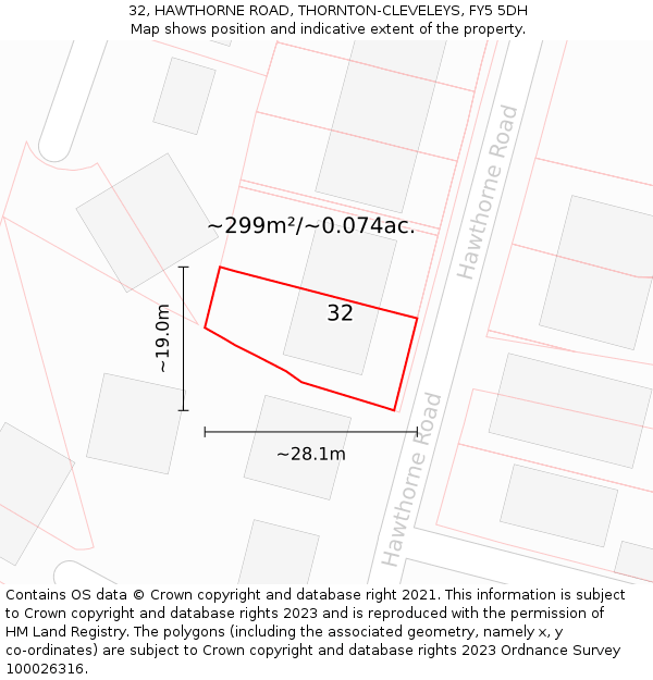 32, HAWTHORNE ROAD, THORNTON-CLEVELEYS, FY5 5DH: Plot and title map