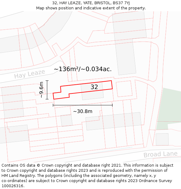 32, HAY LEAZE, YATE, BRISTOL, BS37 7YJ: Plot and title map