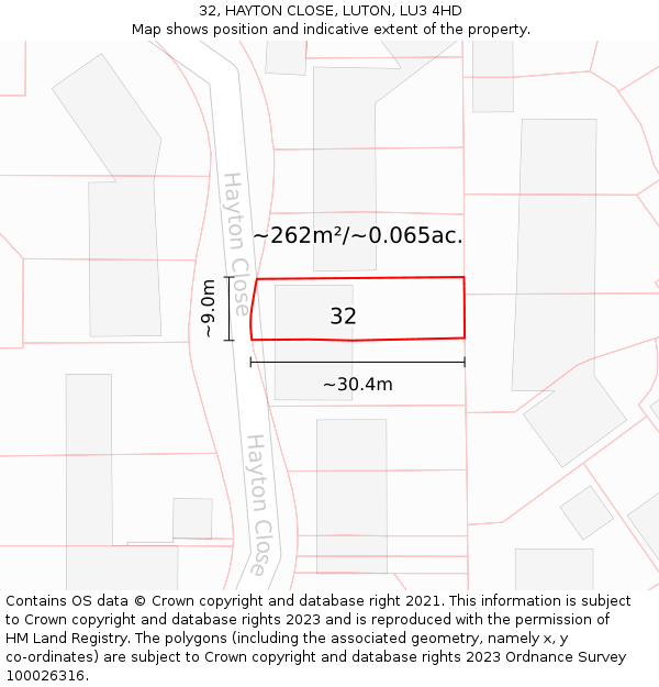 32, HAYTON CLOSE, LUTON, LU3 4HD: Plot and title map