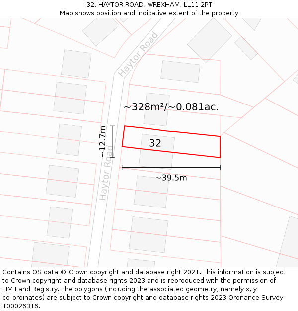 32, HAYTOR ROAD, WREXHAM, LL11 2PT: Plot and title map