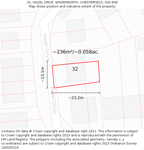 32, HAZEL DRIVE, WINGERWORTH, CHESTERFIELD, S42 6NE: Plot and title map
