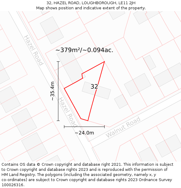 32, HAZEL ROAD, LOUGHBOROUGH, LE11 2JH: Plot and title map