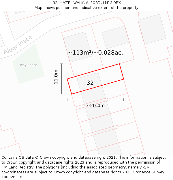 32, HAZEL WALK, ALFORD, LN13 9BX: Plot and title map