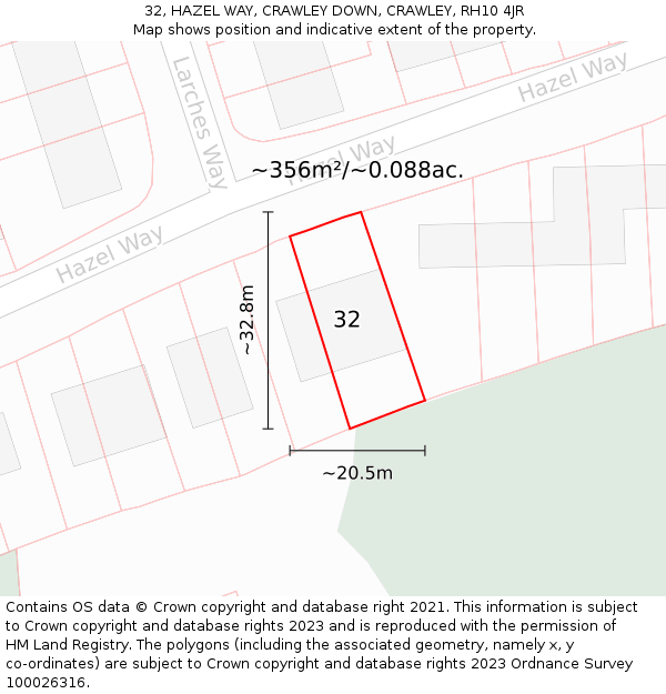32, HAZEL WAY, CRAWLEY DOWN, CRAWLEY, RH10 4JR: Plot and title map