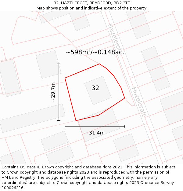 32, HAZELCROFT, BRADFORD, BD2 3TE: Plot and title map