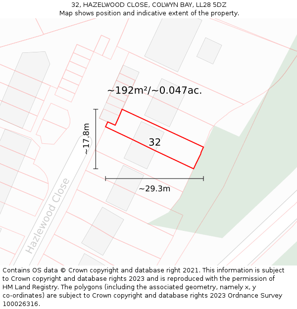 32, HAZELWOOD CLOSE, COLWYN BAY, LL28 5DZ: Plot and title map