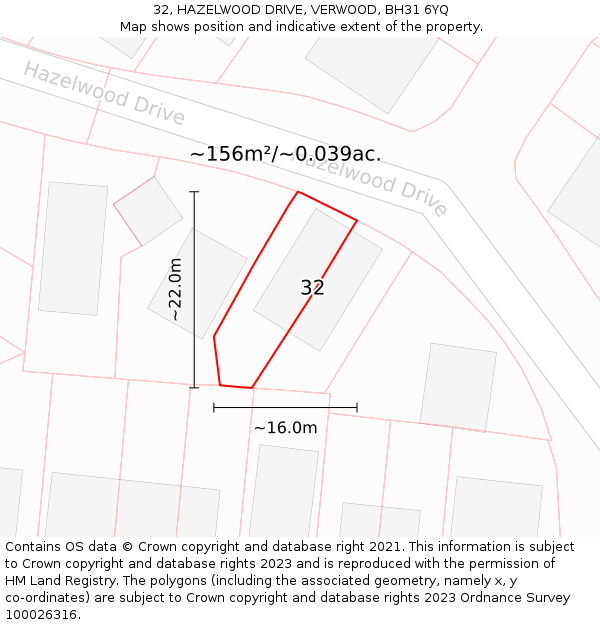 32, HAZELWOOD DRIVE, VERWOOD, BH31 6YQ: Plot and title map