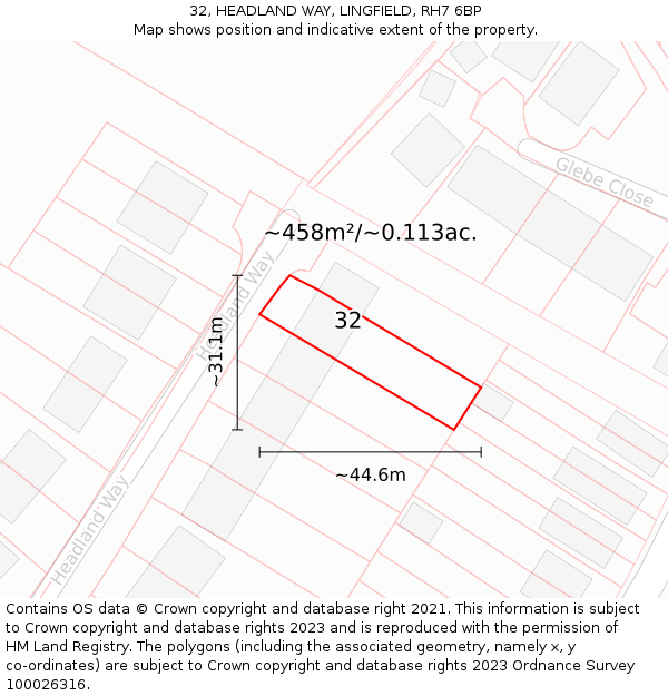 32, HEADLAND WAY, LINGFIELD, RH7 6BP: Plot and title map