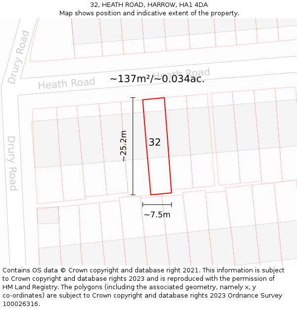 32, HEATH ROAD, HARROW, HA1 4DA: Plot and title map