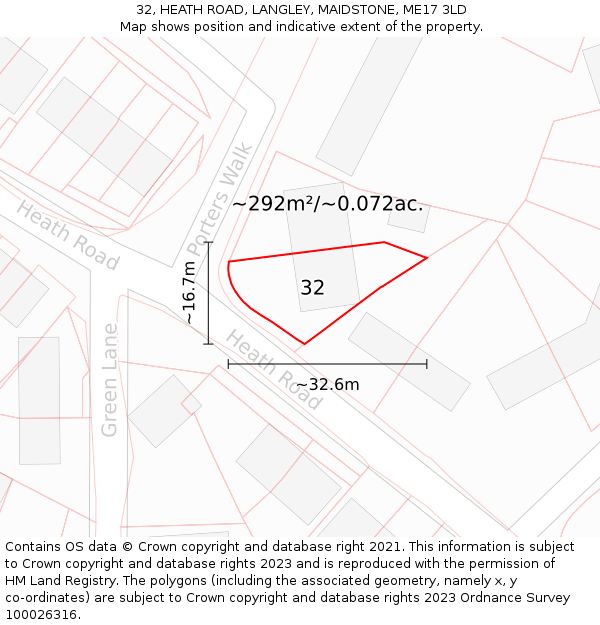 32, HEATH ROAD, LANGLEY, MAIDSTONE, ME17 3LD: Plot and title map
