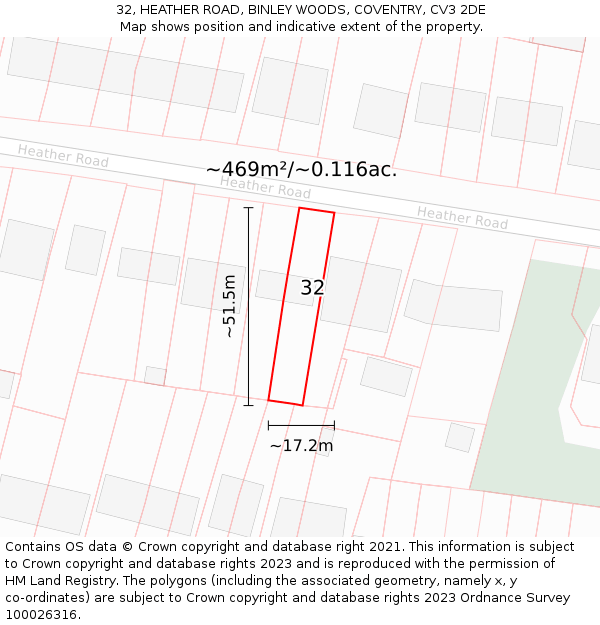 32, HEATHER ROAD, BINLEY WOODS, COVENTRY, CV3 2DE: Plot and title map