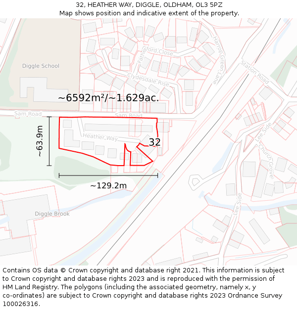 32, HEATHER WAY, DIGGLE, OLDHAM, OL3 5PZ: Plot and title map