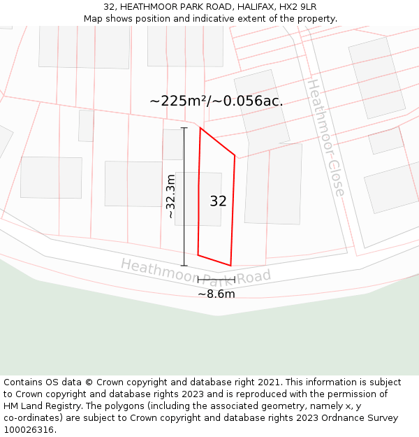 32, HEATHMOOR PARK ROAD, HALIFAX, HX2 9LR: Plot and title map