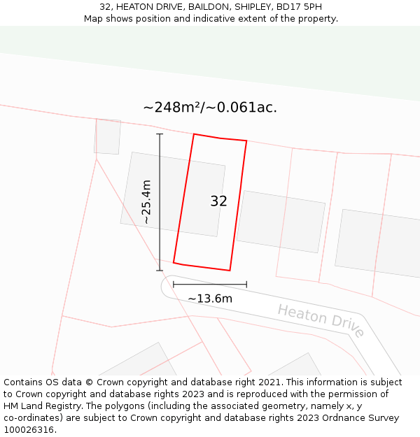 32, HEATON DRIVE, BAILDON, SHIPLEY, BD17 5PH: Plot and title map