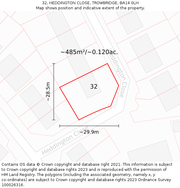 32, HEDDINGTON CLOSE, TROWBRIDGE, BA14 0LH: Plot and title map