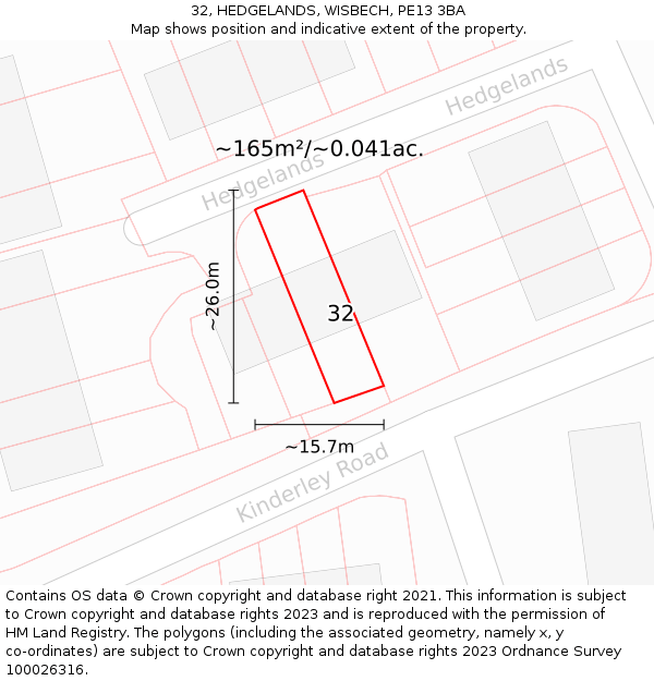 32, HEDGELANDS, WISBECH, PE13 3BA: Plot and title map