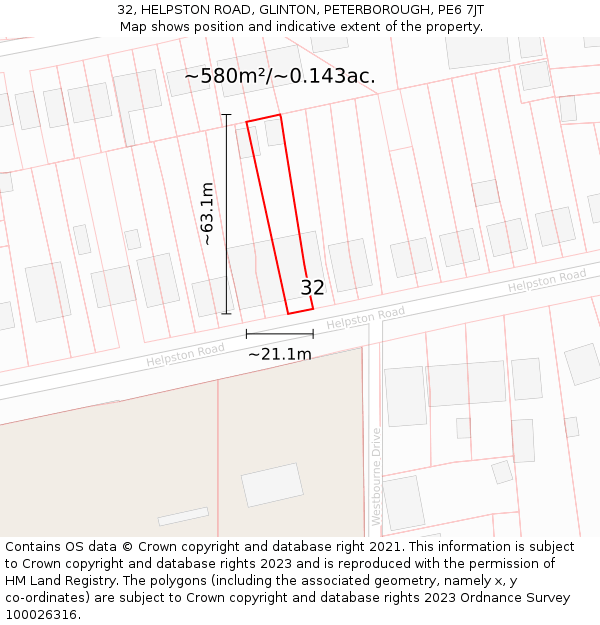 32, HELPSTON ROAD, GLINTON, PETERBOROUGH, PE6 7JT: Plot and title map