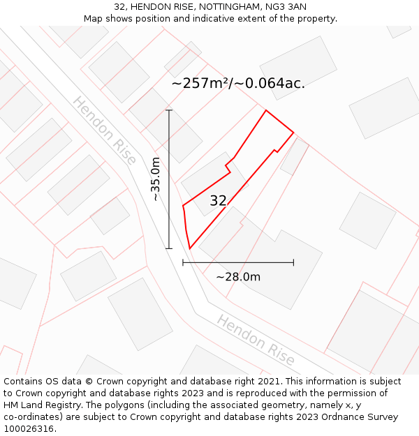 32, HENDON RISE, NOTTINGHAM, NG3 3AN: Plot and title map