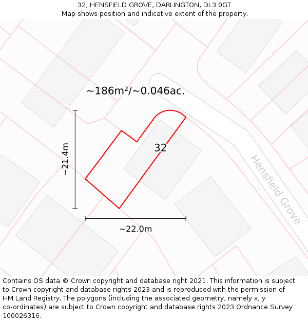 32, HENSFIELD GROVE, DARLINGTON, DL3 0GT: Plot and title map