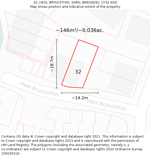 32, HEOL BRYNCETHIN, SARN, BRIDGEND, CF32 9GG: Plot and title map