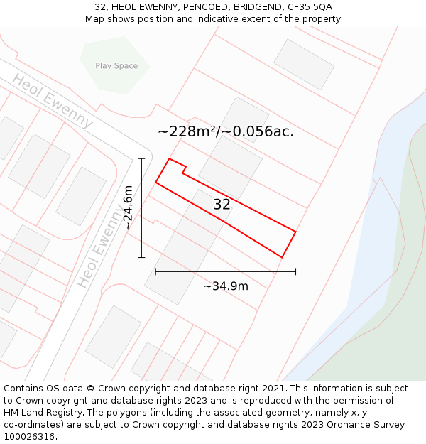 32, HEOL EWENNY, PENCOED, BRIDGEND, CF35 5QA: Plot and title map